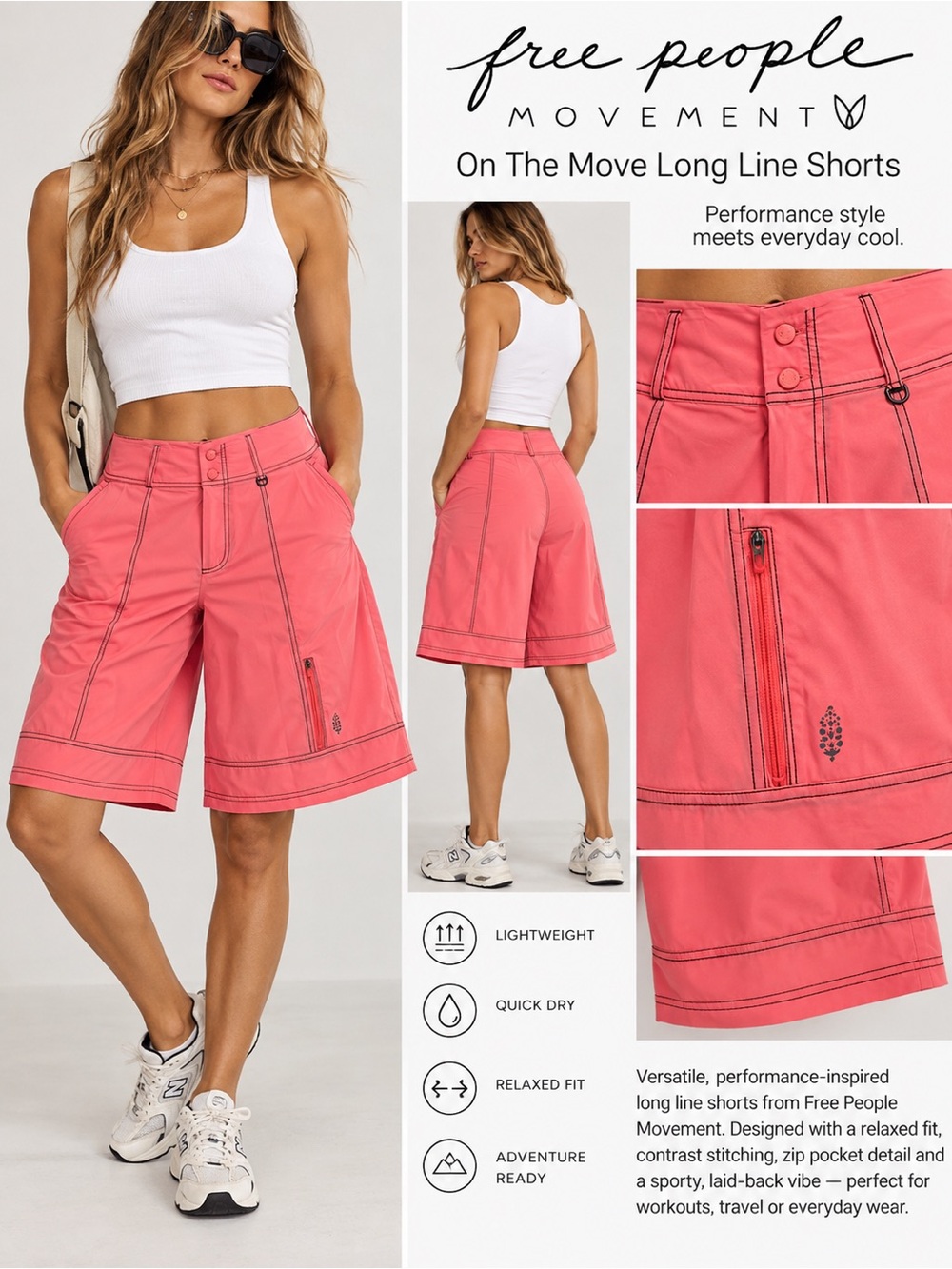 Free People FP Movement All Star Shorts Neon Coral Utility Bermuda Size Sm NWT